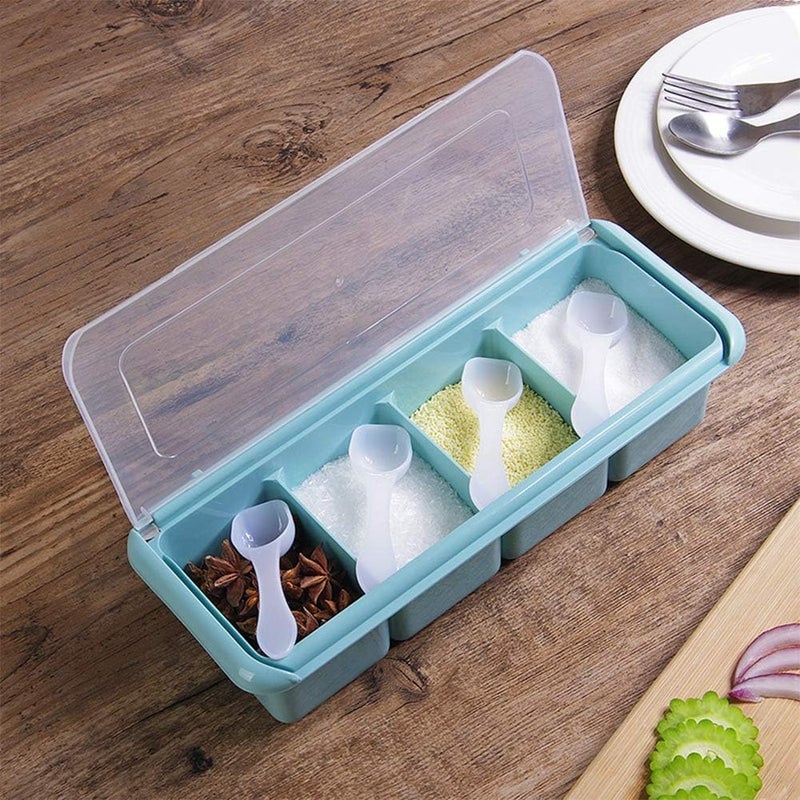 comfrt Spice Rack, Salt Box Seasoning Containers with Lids and Spoon for Kitchen Countertop 4 Compartments(Blue) - Image 4