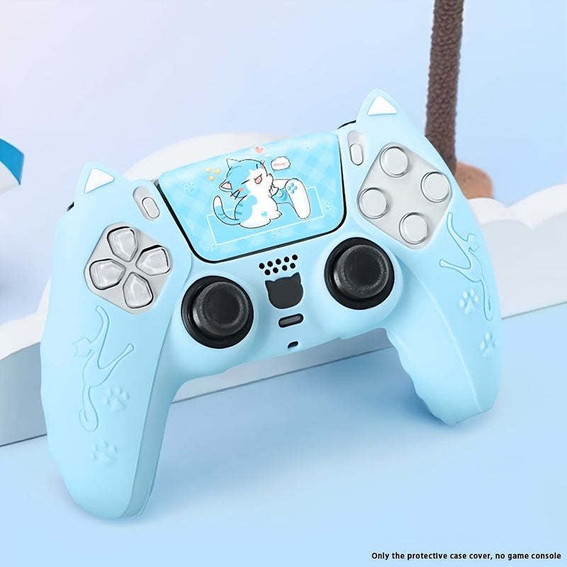 Purple Cat Ear Protective Silicone Case for PS5 Controller with Decorative Sticker and Thumbstick Caps - Image 1