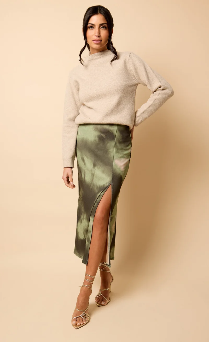 Khaki Print Midaxi Skirt