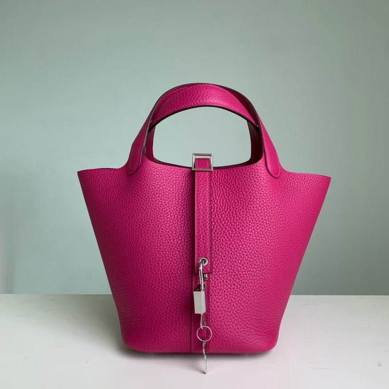 18cm Wax Line Hand Sewed TC Top Layer Cowhide Vegetable Basket Bag Bucket Bag Genuine Leather Womens Bag Handbag Rose purple 