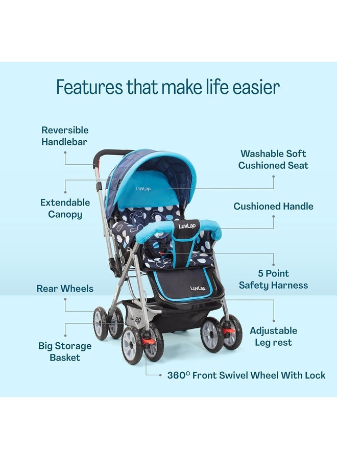 Luvlap Sunshine Baby Stroller/Pram for 0 to 3 Years, New Born/Toddler/Kid, 5 Point Safety Harness, Adjustable backrest, 360° Swivel Wheel, Large Storage Basket, Reversible Handlebar (Blue) - Image 2