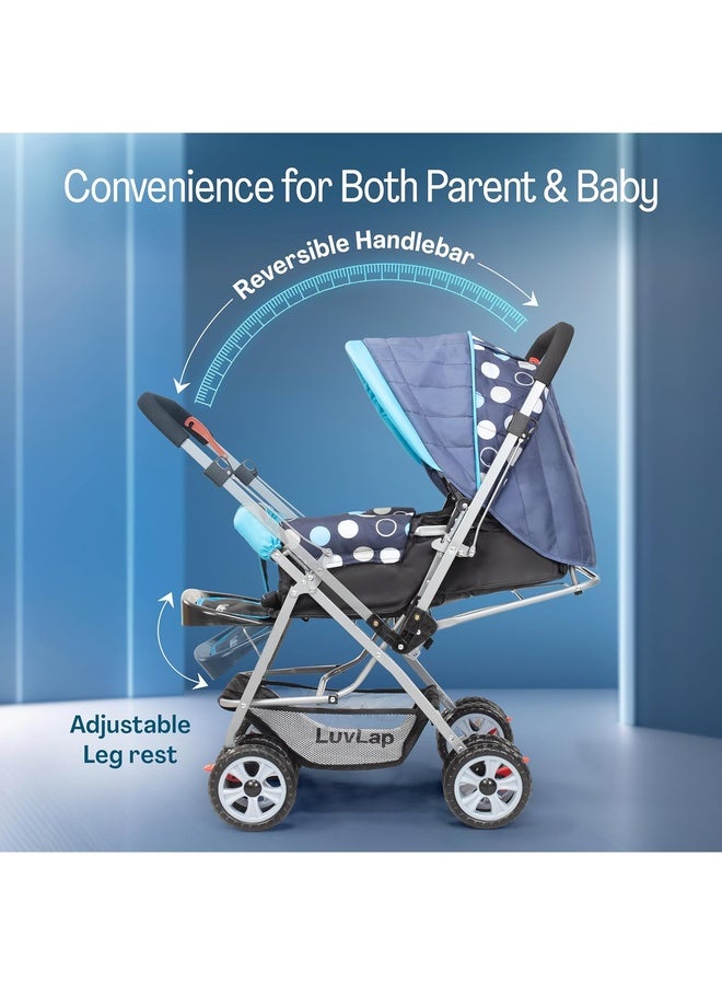 Luvlap Sunshine Baby Stroller/Pram for 0 to 3 Years, New Born/Toddler/Kid, 5 Point Safety Harness, Adjustable backrest, 360° Swivel Wheel, Large Storage Basket, Reversible Handlebar (Blue) - Image 4