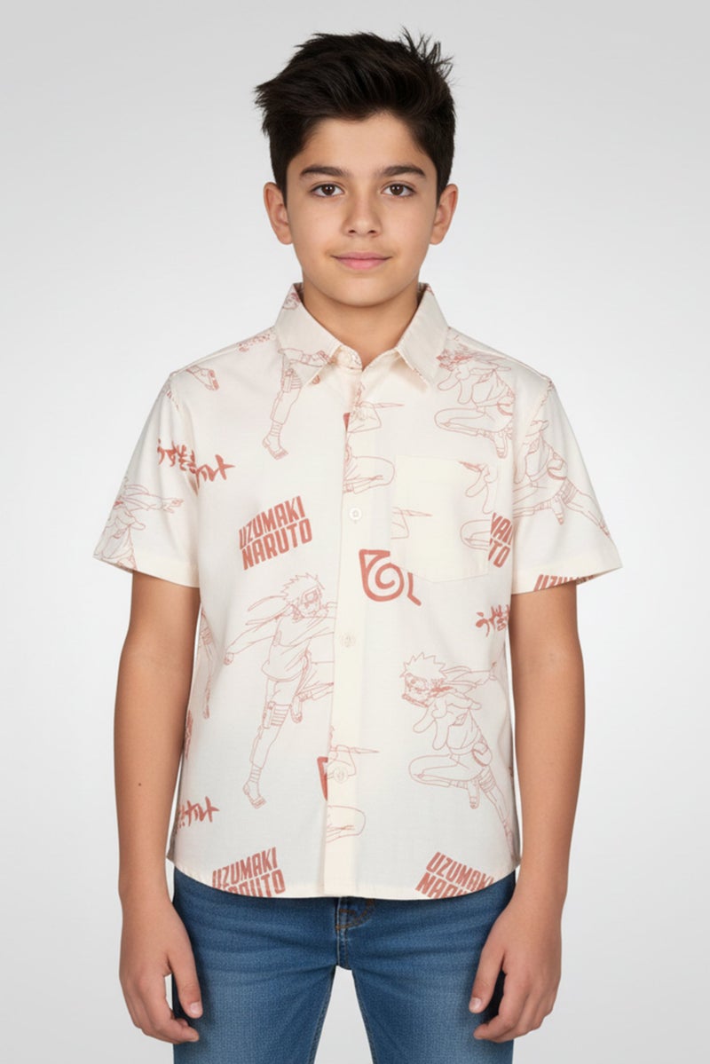 Naruto Shippuden Kids Boy Short Sleeve Graphic Print T-Shirt, Cream - Image 1