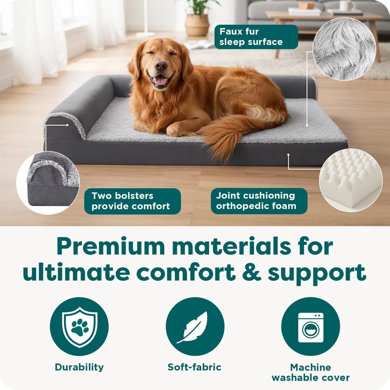 Furhaven Orthopedic Dog Bed for Large Dogs w/ Removable Bolsters & Washable Cover, For Dogs Up to 95 lbs - Two-Tone Plush Faux Fur & Suede L Shaped Chaise - Stone Gray, Jumbo/XL - Image 5