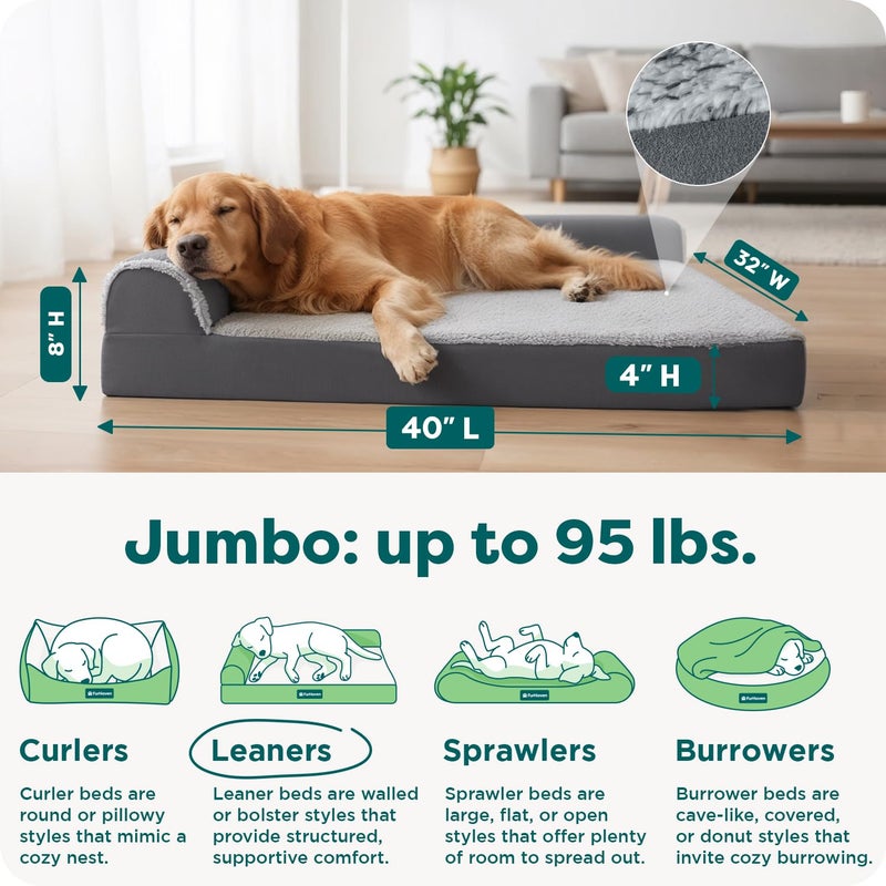 Furhaven Orthopedic Dog Bed for Large Dogs w/ Removable Bolsters & Washable Cover, For Dogs Up to 95 lbs - Two-Tone Plush Faux Fur & Suede L Shaped Chaise - Stone Gray, Jumbo/XL - Image 3