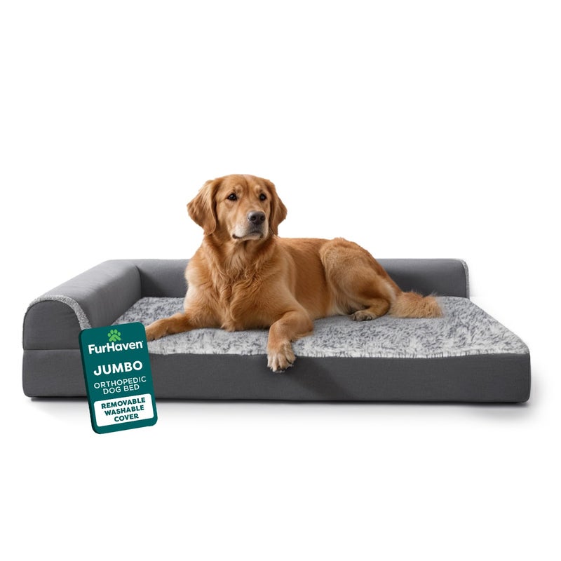 Furhaven Orthopedic Dog Bed for Large Dogs w/ Removable Bolsters & Washable Cover, For Dogs Up to 95 lbs - Two-Tone Plush Faux Fur & Suede L Shaped Chaise - Stone Gray, Jumbo/XL - Image 1