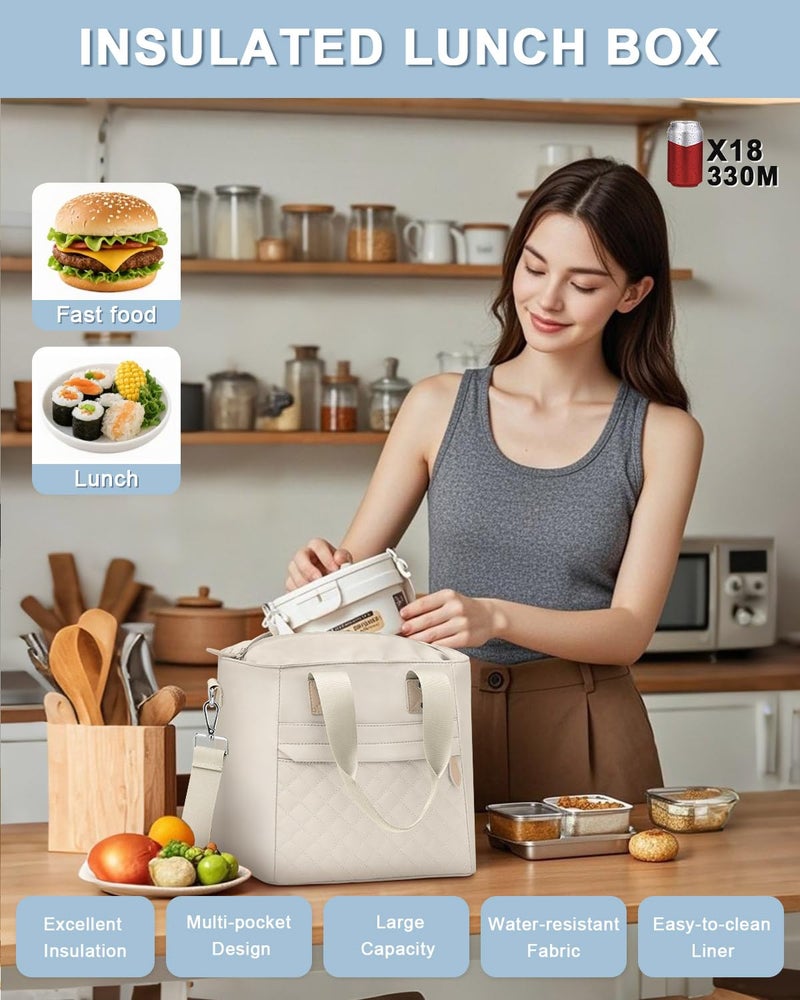 Capolo Insulated Lunch Box for Women & Men - Large Thermal Lunch Bag Women with Removable Shoulder Strap, Reusable Lunch Cooler Tote Bags Purse for Adults Work, Picnic, Hiking, Beach, Travel, Mediumï¼ŒWhite - Image 3