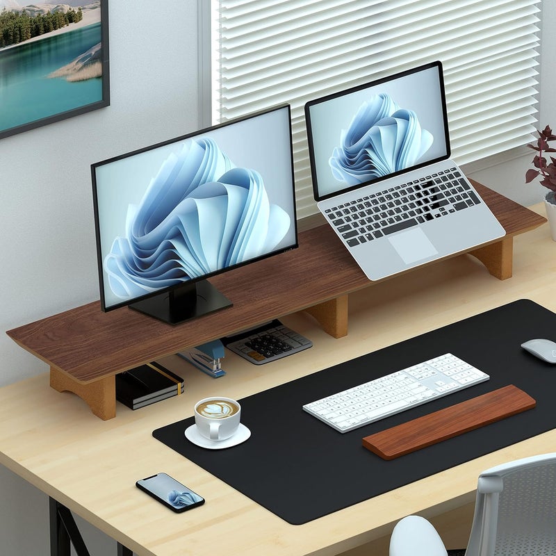 Aothia Large Dual Monitor Stand Riser, Solid Wood Desk Shelf with Eco Cork Legs for Laptop Computer/TV/PC/Printers, Perfect Desktop Stands Organizer with Underneath Storage for Office Accessories - Image 5