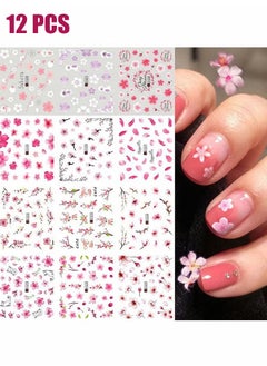 HY 12 Pcs Nail Art Flowers Nail Water Stickers Decals, Pink Cherry Blossoms Tree with Leaves Nail Art Sliders Summer for Watermark Flower Designs Transfer Foil Nail Stickers Manicure Tips Decor  - Image 1