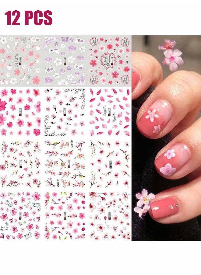 HY - 12 Pcs Nail Art Flowers Nail Water Stickers Decals, Pink Cherry Blossoms Tree with Leaves Nail Art Sliders Summer for Watermark Flower Designs Transfer Foil Nail Stickers Manicure Tips Decor - Image 1