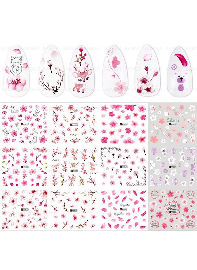 HY - 12 Pcs Nail Art Flowers Nail Water Stickers Decals, Pink Cherry Blossoms Tree with Leaves Nail Art Sliders Summer for Watermark Flower Designs Transfer Foil Nail Stickers Manicure Tips Decor - Image 1