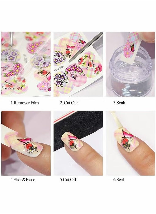 HY - 12 Pcs Nail Art Flowers Nail Water Stickers Decals, Pink Cherry Blossoms Tree with Leaves Nail Art Sliders Summer for Watermark Flower Designs Transfer Foil Nail Stickers Manicure Tips Decor - Image 1