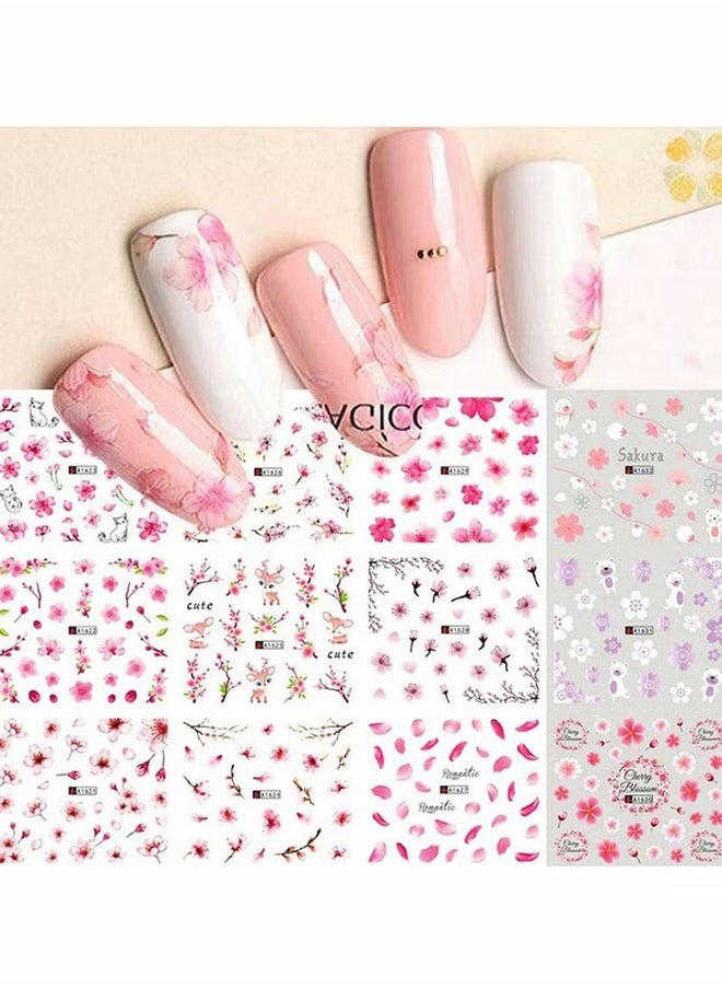 HY - 12 Pcs Nail Art Flowers Nail Water Stickers Decals, Pink Cherry Blossoms Tree with Leaves Nail Art Sliders Summer for Watermark Flower Designs Transfer Foil Nail Stickers Manicure Tips Decor - Image 1