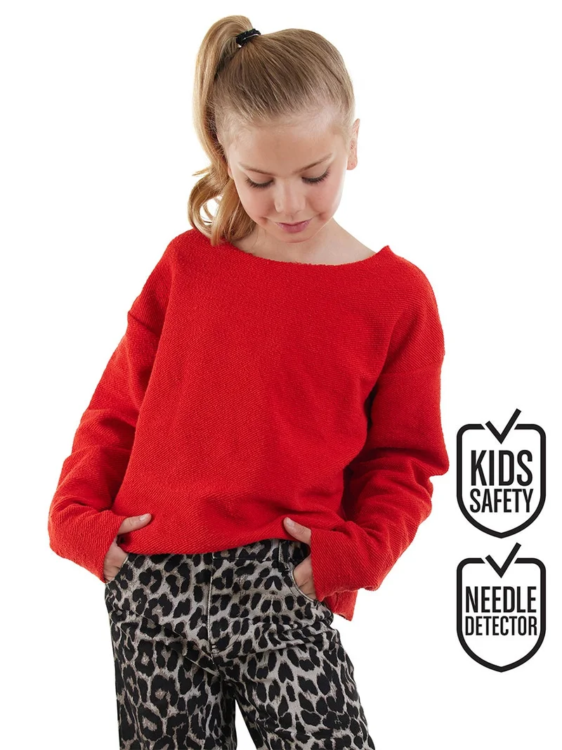Denokids Girl Wide Neck Red Sweatshirt