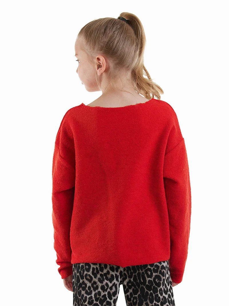 Denokids Girl Wide Neck Red Sweatshirt