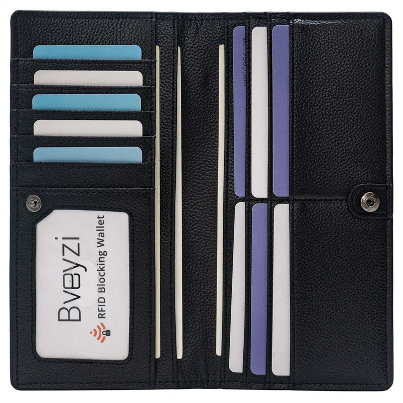 Bveyzi Ultra Slim Thin Leather RFID Blocking Credit Card Holder Bifold Clutch Wallets for Women (Black) - Image 1