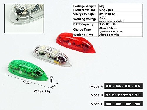 Viloga 3PCSSet LED Light Kit for RC Plane Jet Airplane Aircraft Fix Wing Quadcopter Rechargeable Red Green White LED Flashing Lights Super Bright Little Light for Safe Dusk Flight - Image 5