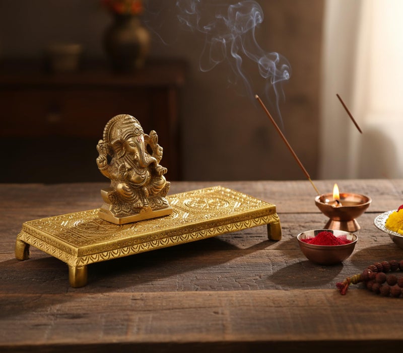 ESPLANADE Brass Engraved Pooja Chowki Antique Peetha Peeta God's Stool - Puja Articles - Golden - 8.5" Inches - Image 2