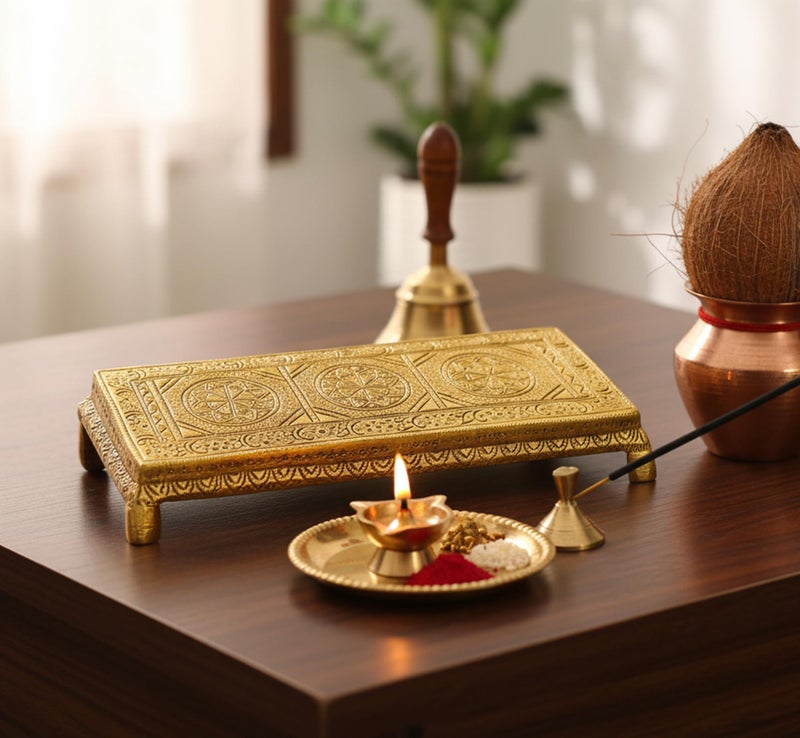 ESPLANADE Brass Engraved Pooja Chowki Antique Peetha Peeta God's Stool - Puja Articles - Golden - 8.5" Inches - Image 1