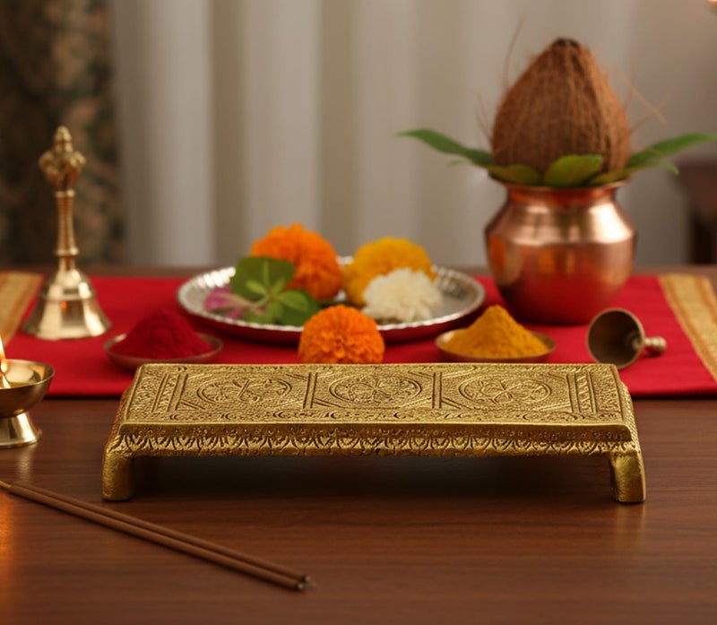 ESPLANADE Brass Engraved Pooja Chowki Antique Peetha Peeta God's Stool - Puja Articles - Golden - 8.5" Inches - Image 3