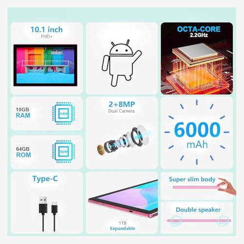 YQSAVIOR Tablet,10.1" Android Tablet with MTK Octa-core Processor 10GB （4GB+6GB Expand） RAM 64GB ROM+1TB Expandable Computer Tablets PC, IPS 1280 * 800 Screen, 2+8MP Dual Camera, WiFi, BT, Pink - Image 3