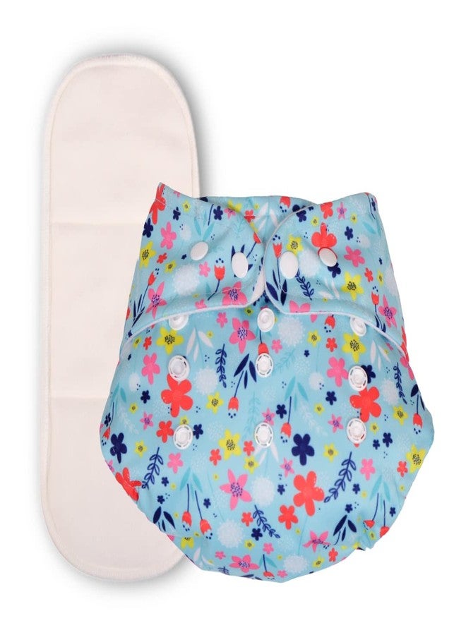 Deedry Oeko-Tex Certified Washable & Reusable Diapers With Adjustable Snap Buttons (One Size Perfect Fit), Comes With Absorbent Inserts/Pads- (3Months- 3Years) (Floral-Skyblue, With 1 Insert) - Image 1