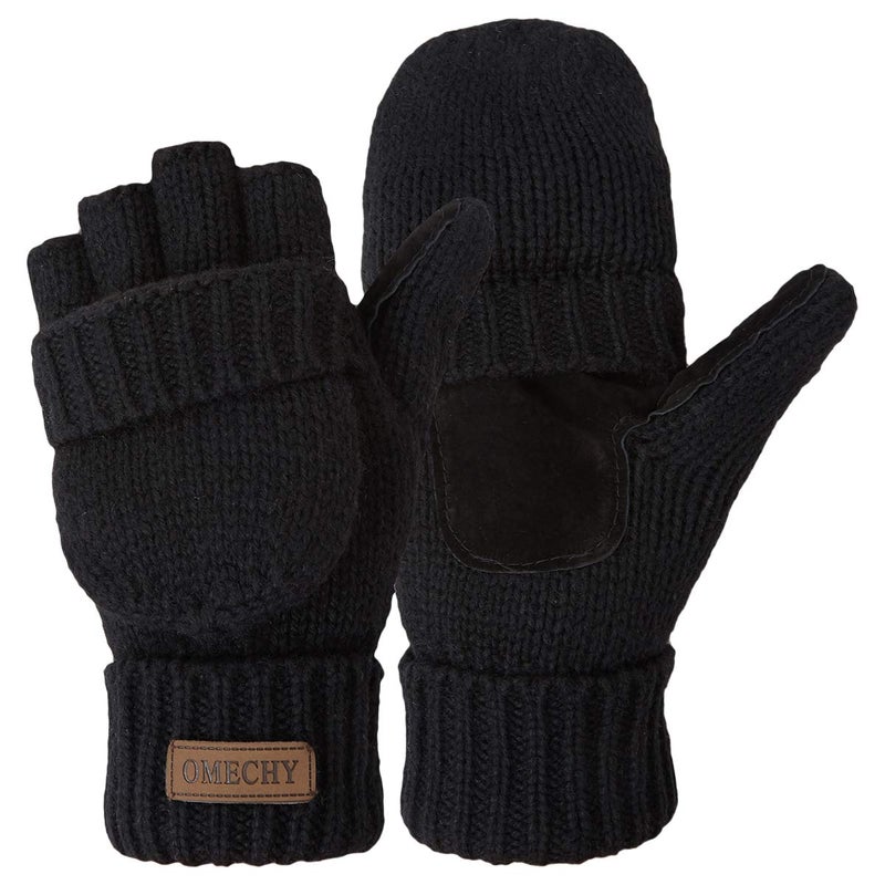 OMECHY Winter Knitted Fingerless Wool Gloves Thermal Insulation Warm Convertible Mittens Flap Cover for Men Women - Image 1