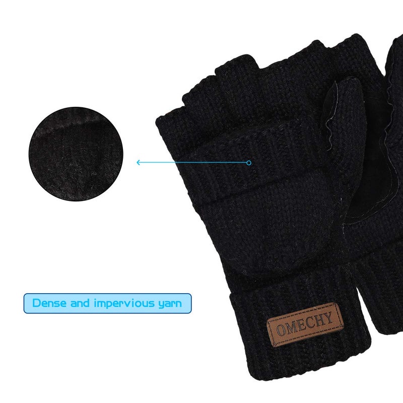 OMECHY Winter Knitted Fingerless Wool Gloves Thermal Insulation Warm Convertible Mittens Flap Cover for Men Women - Image 4