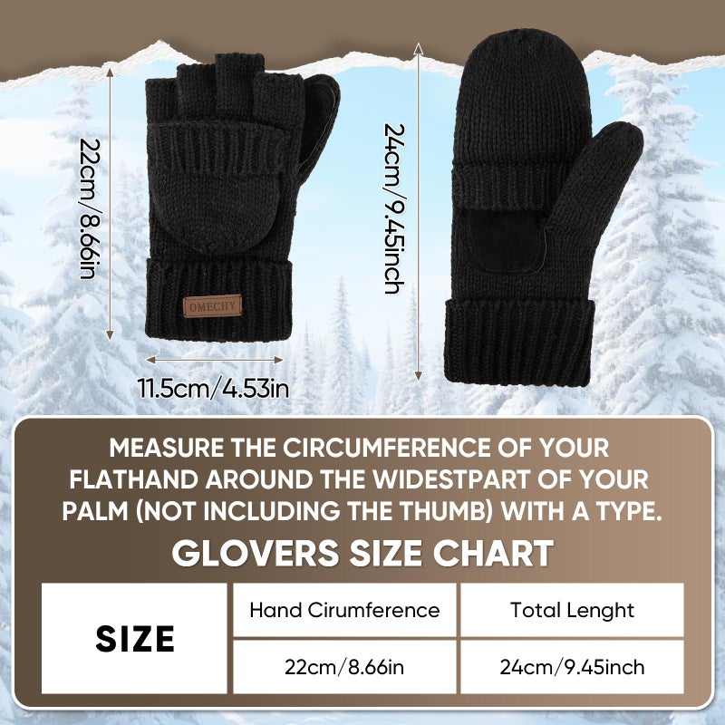 OMECHY Winter Knitted Fingerless Wool Gloves Thermal Insulation Warm Convertible Mittens Flap Cover for Men Women - Image 3