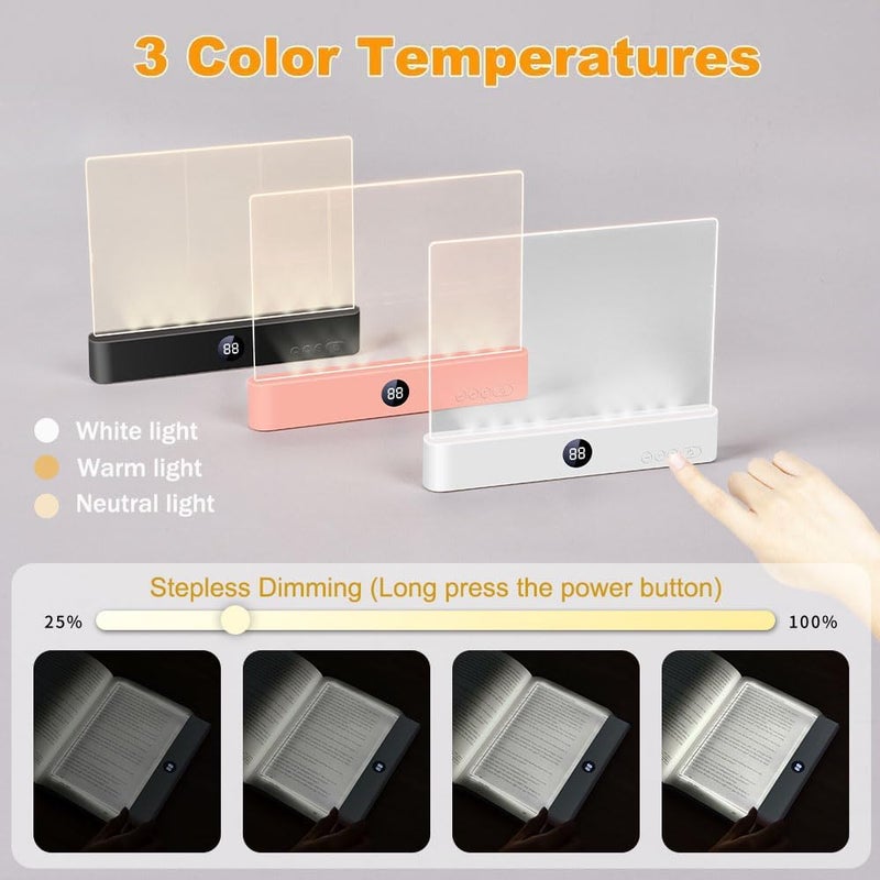 VEEKI Book Light, Rechargeable Clear LED Flat Reading Light with 3 Colors & Timer, Dimmable Panel Plate Lamp Book Full Page Light for Reading in Bed at Night, Funny Gifts for Readers Kids Women Men (Black) - Image 3
