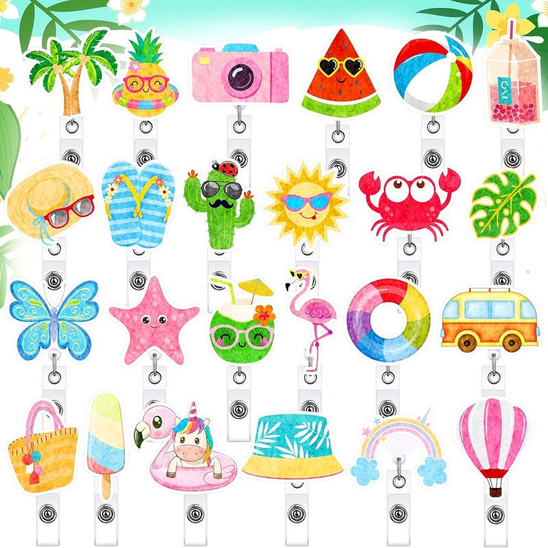Sinmoe 24 Pcs Summer Badge Reel Felt Retractable Badge Reel Holder with Alligator Clip Palm Tree Pineapple Flamingo Badge Clips Cute Nursing Name ID Badge Holders for Nurse Doctor Teacher Student Women Men - Image 1