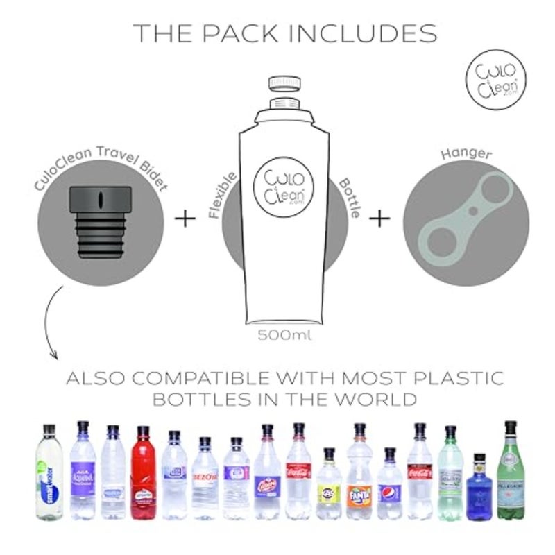 بيديت كولوكلين المحمول مع زجاجة مرنة 500 مل، 16.9 أونصة سائلة - مثالي للسفر أو المشي لمسافات طويلة أو المرحاض أو التخييم. خفيف الوزن (34 جم، 1.2 أونصة). يشتمل على CuloClean (أسود)، وزجاجة مرنة، وشماعة - Image 4
