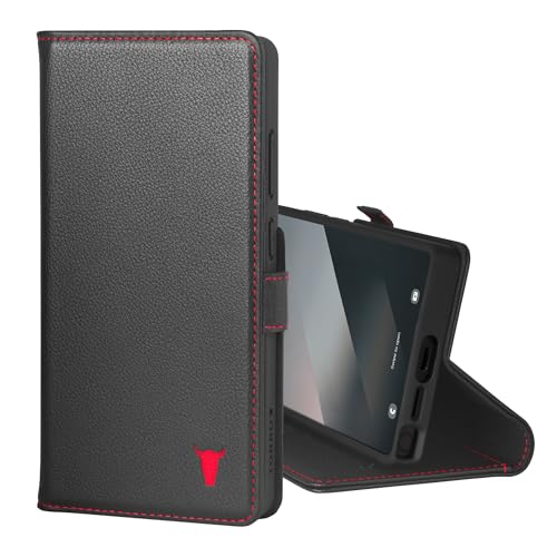 TORRO Premium Leather Case Compatible with Samsung Galaxy S25 Ultra 5G (6.9”) 2025 – Genuine Leather Wallet Flip Folio Case with Kickstand and Card Slots (Black with Red Detail) - Image 1
