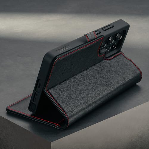 TORRO Premium Leather Case Compatible with Samsung Galaxy S25 Ultra 5G (6.9”) 2025 – Genuine Leather Wallet Flip Folio Case with Kickstand and Card Slots (Black with Red Detail) - Image 3