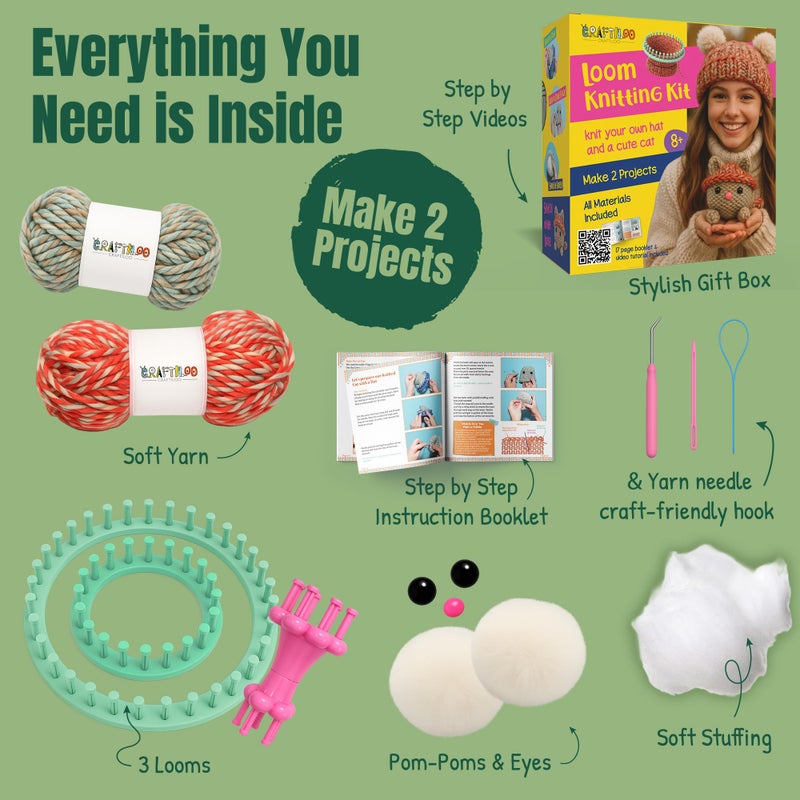 CRAFTILOO Knitting Kit for Kids â€“ Beginner Knitting Kit to Make a Hat & Cat â€“ Quick Knit Loom Kit with Yarn, Tools & Instructions - Image 2