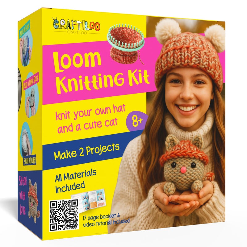 CRAFTILOO Knitting Kit for Kids â€“ Beginner Knitting Kit to Make a Hat & Cat â€“ Quick Knit Loom Kit with Yarn, Tools & Instructions - Image 1