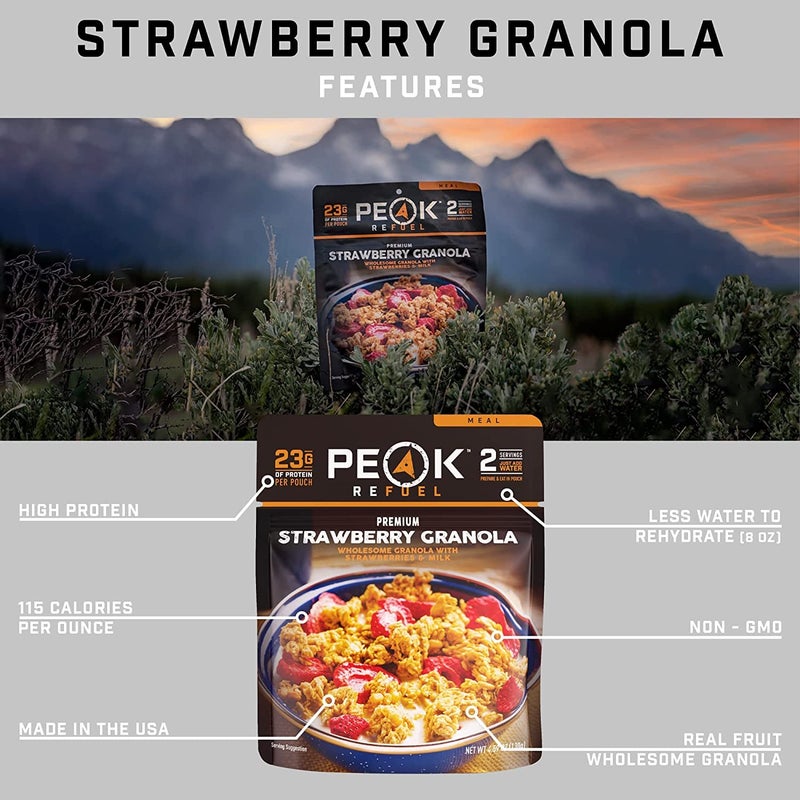 Peak Refuel Strawberry Granola | Premium Freeze Dried Camping Food | Backpacking & Hiking MRE Meals | Just Add Water | 100% Real Fruit | 23g of Protein | 2 Serving Pouch - Image 2