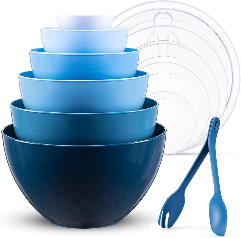 LUXEAR طقم أوعية خلط LUXEAR مع أغطية 14 قطعة أوعية بلاستيكية متداخلة تشمل 6 أوعية تحضير 6 أغطية 2 ملاعق طهي يمكن تحويلها إلى ملقط آمنة للاستخدام في الميكروويف وغسالة الصحون للخلط والتقديم والخبز والتخزين - Image 1