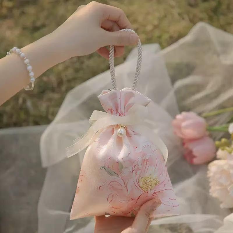 LYSXP Satin gift bags with drawstring & Handles,5x7 Inch 10Pcs Elegant Satin Printed Small Bags for Weddings, Small gift bags,Birthdays & Holidays (pink) - Image 1