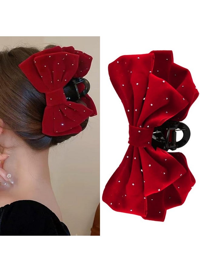 Xiyantiji Large Bow Hair Claw Clips for Women Velvet Red Hair Bows with Rhinestones Big Claw Clips for Thick Long Hair Bowknot Hair Accessories for Girls Party Prom Jaw Clips Nonslip Hair Clamps for Styling - Image 1
