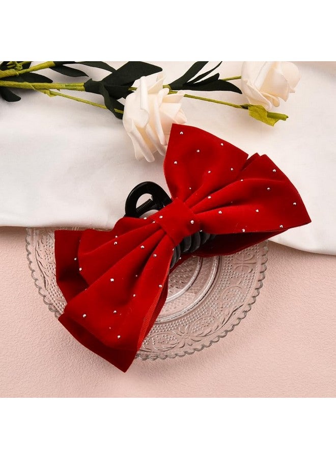 Xiyantiji Large Bow Hair Claw Clips for Women Velvet Red Hair Bows with Rhinestones Big Claw Clips for Thick Long Hair Bowknot Hair Accessories for Girls Party Prom Jaw Clips Nonslip Hair Clamps for Styling - Image 2
