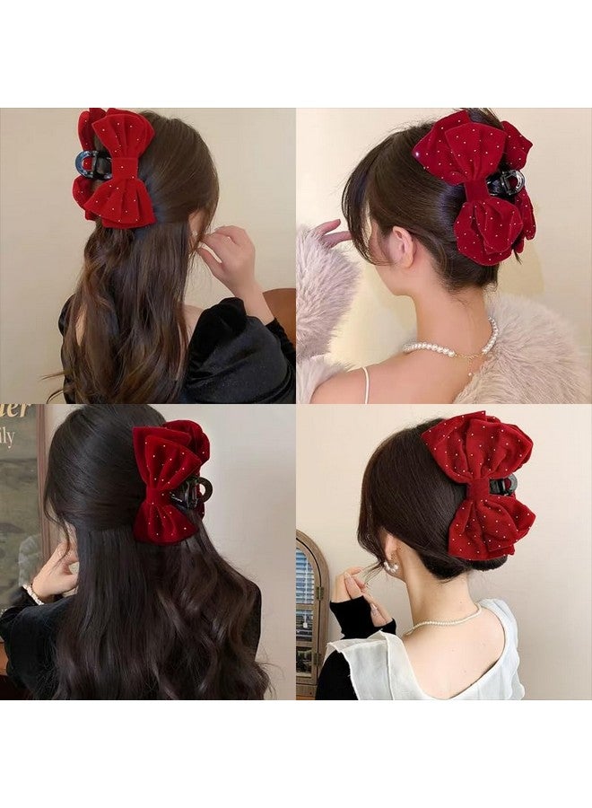 Xiyantiji Large Bow Hair Claw Clips for Women Velvet Red Hair Bows with Rhinestones Big Claw Clips for Thick Long Hair Bowknot Hair Accessories for Girls Party Prom Jaw Clips Nonslip Hair Clamps for Styling - Image 4