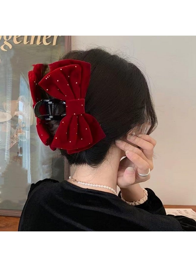 Xiyantiji Large Bow Hair Claw Clips for Women Velvet Red Hair Bows with Rhinestones Big Claw Clips for Thick Long Hair Bowknot Hair Accessories for Girls Party Prom Jaw Clips Nonslip Hair Clamps for Styling - Image 5