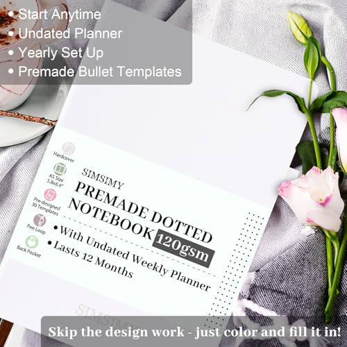SIMSIMY Premade Dotted Journal Notebook, Pre-made Dot Grid Notebook with Undated Weekly & Monthly Planner, Trackers, Bullet Templates - 12 Months Organization, 237 Numbered Pages A5 Hardcover Leather - Image 2