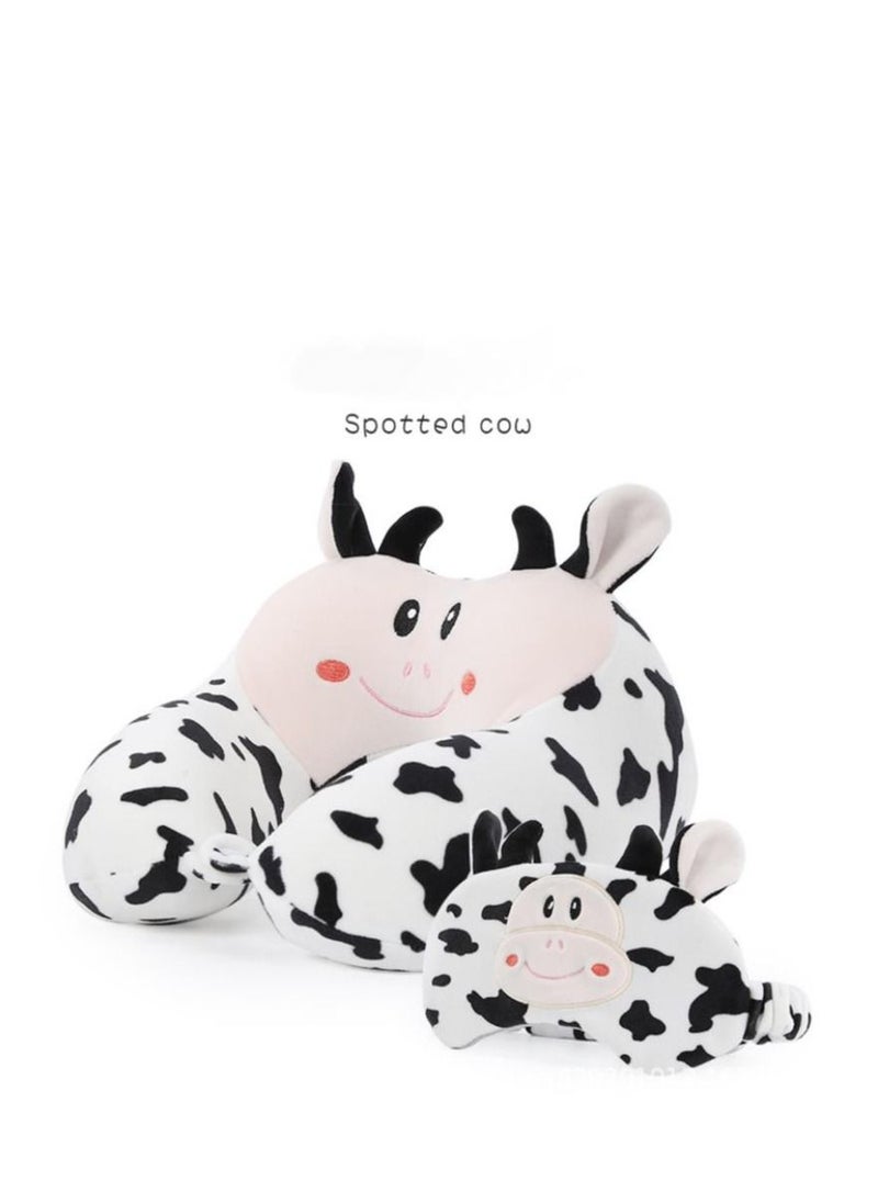 Y&D Travel Pillow for Kids and Adults  Animal Memory Foam Neck with Soft Fleece Cover Eye Mask Set Airplane Kit Drawstring Organizer Bag Machine Washable (Cow)  - Image 1