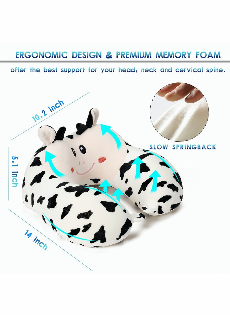 Y&D Travel Pillow for Kids and Adults  Animal Memory Foam Neck with Soft Fleece Cover Eye Mask Set Airplane Kit Drawstring Organizer Bag Machine Washable (Cow)  - Image 3