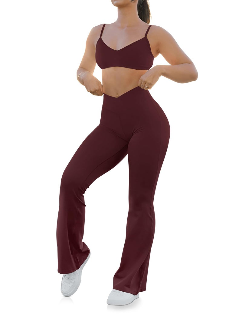 HEGALY Women's Flare Yoga Pants - Crossover Flare Leggings Buttery Soft High Waisted Workout Casual Bootcut Pants Wine Red - Image 2