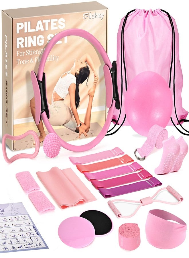Flickzy Pilates Ring Set for Women, Magic Circle Pilates Rings 12" with Resistance Bands, Pilates Equipment for Home Workout, Pilates Kit for Strength, Toning and Flexibility(Pink,15pcs) - Image 1