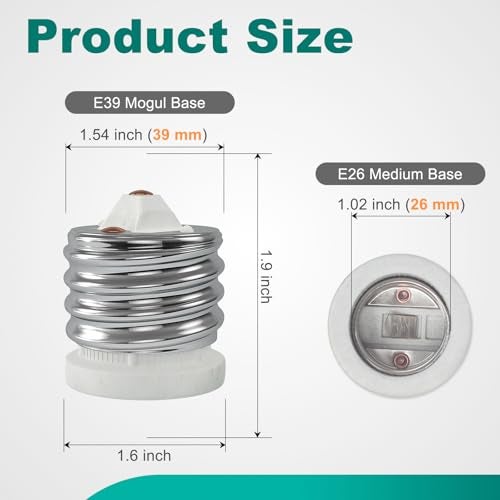 DiCUNO E39 to E26 Socket Converter, Ceramic Mogul E39 to Standard Medium E26 Light Bulb Adapter, Maximum 660W and 200℃ Heat-Resistant, UL-Listed Mogul Base Adapter, Porcelain Socket Reducer, 1-Pack - Image 3