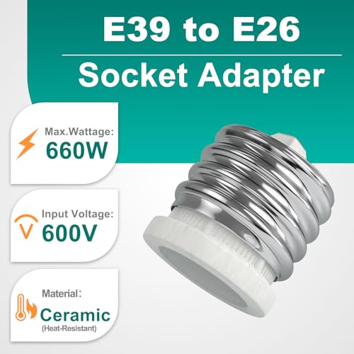 DiCUNO E39 to E26 Socket Converter, Ceramic Mogul E39 to Standard Medium E26 Light Bulb Adapter, Maximum 660W and 200℃ Heat-Resistant, UL-Listed Mogul Base Adapter, Porcelain Socket Reducer, 1-Pack - Image 2